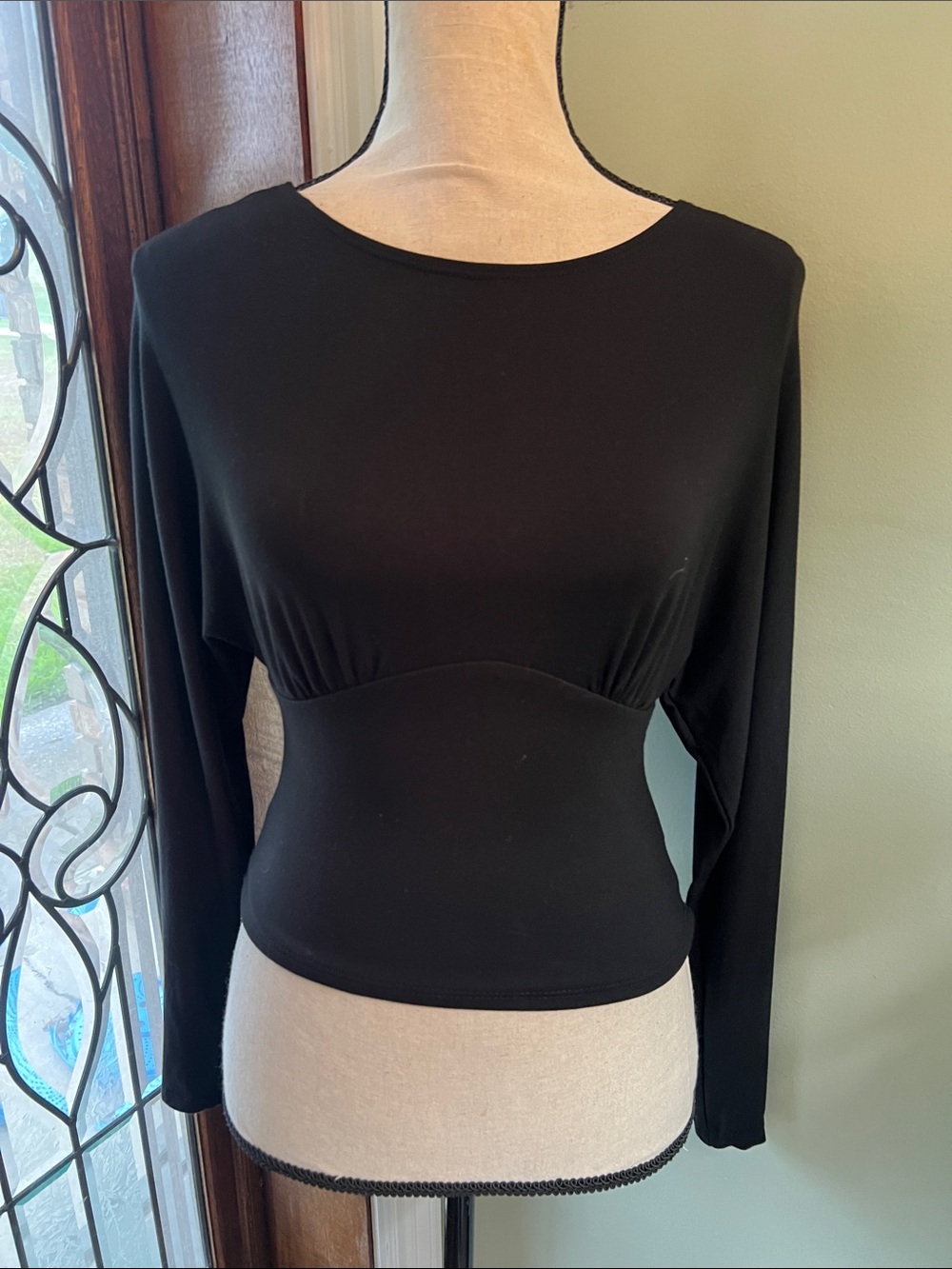 See You Monday Black Long-Sleeve Fitted Crew Neck Top